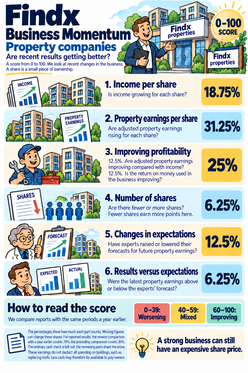 Business Momentum for property companies: illustrated explanation; the same checks are explained below.